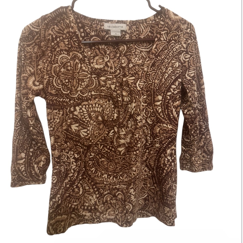 Liz Claiborne Brown Patterned Women's Top preowned size Small